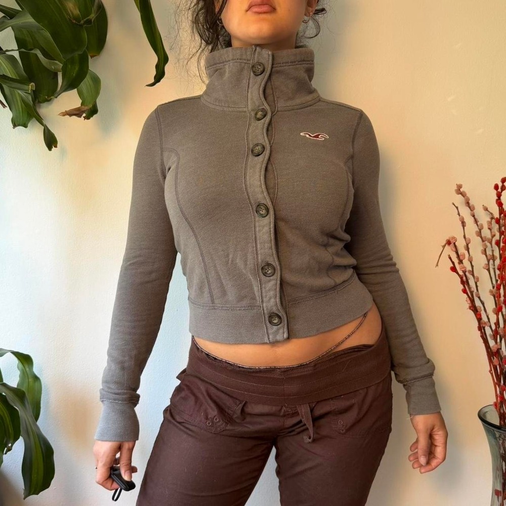 Hollister Grey Mock Neck Button Up Sweater Y2K Indie Sleaze Jacket Medium